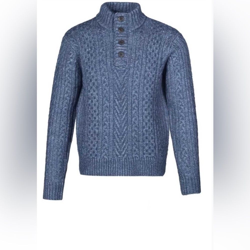 SCHOTT BROS. Chunky Soft Henley Cable Knit Sweater in Heather Blue size XL